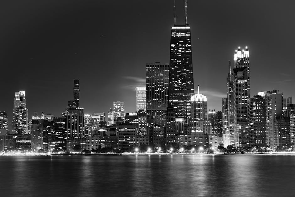 City Architecture - Dramatic black and white view of Chicago skyline #14635963