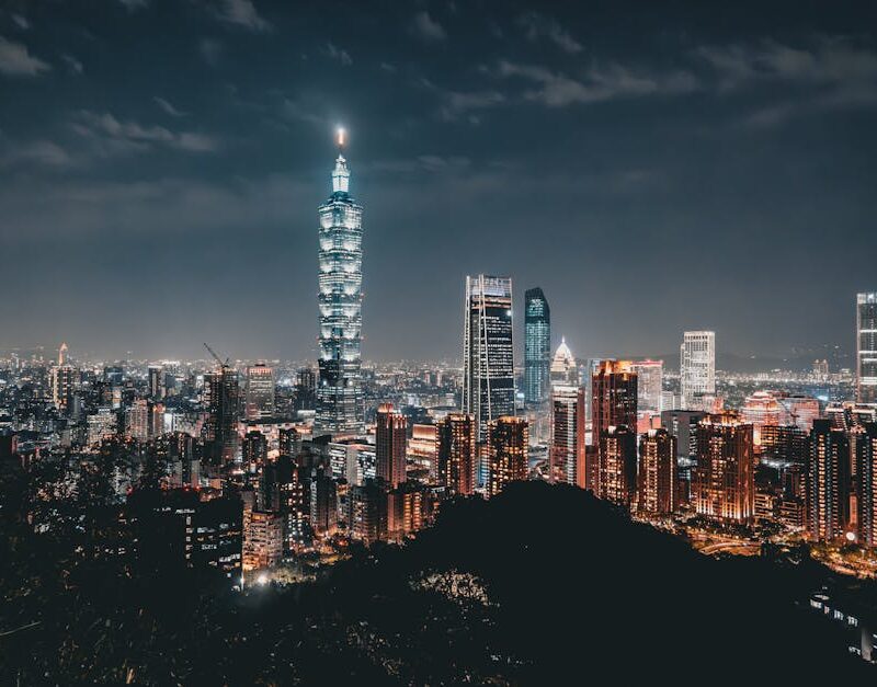 City Architecture - Night view of the Taipei skyline featuring the i #23106806
